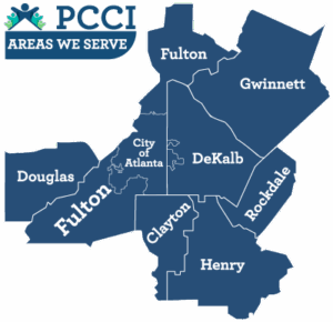 Map of PCCI's Service Area, which includes the City of Atlanta and the following counties: Fulton, DeKalb, Clayton, Henry, Rockdale, Douglas, and Gwinnett.
