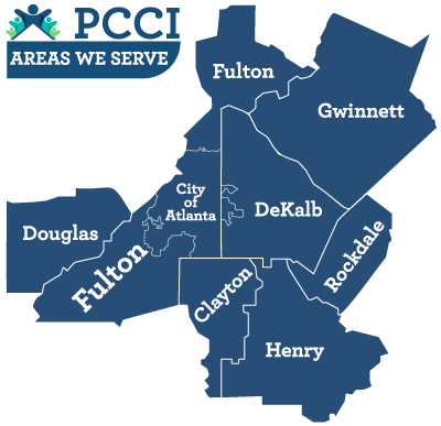 Map of PCCI's Service Area, which includes the City of Atlanta and the following counties: Fulton, DeKalb, Clayton, Henry, Rockdale, Douglas, and Gwinnett.